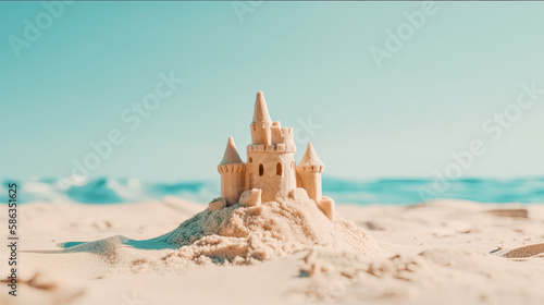 Beautiful sandcastle on the beach with sand on summer vacation. Travel vacations concept. Generative AI photo