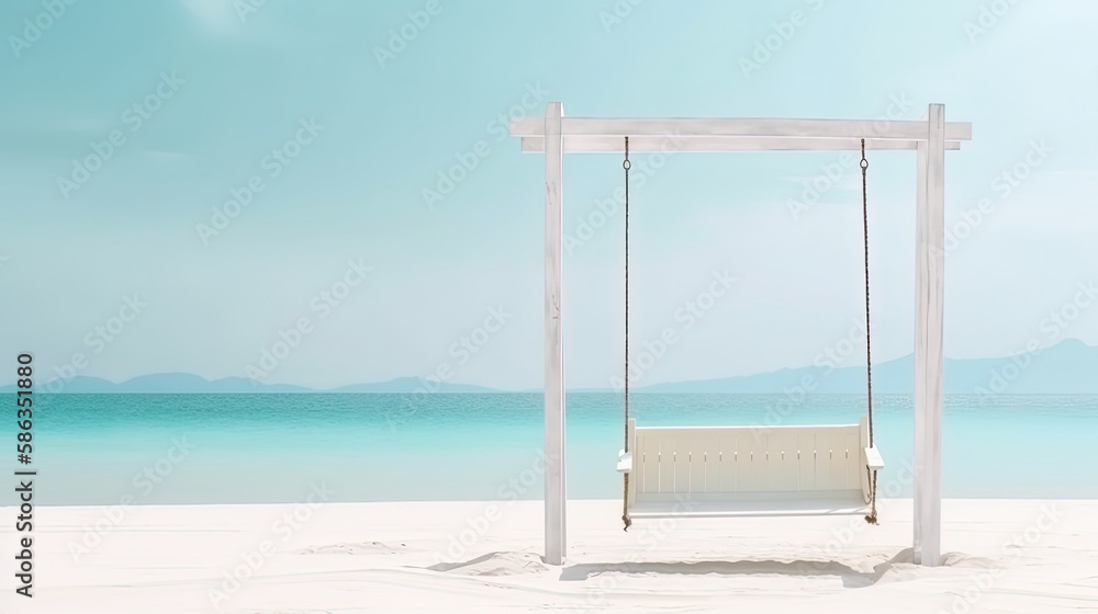 Tropical beach background with white beach swing and white sand and calm sea beach banner. Summer Vacation Travel and Holiday concept. Generative AI Tropical beach background with white beach swing and white sand and calm sea beach banner. Summer Vacation Travel and Holiday concept. Generative AI