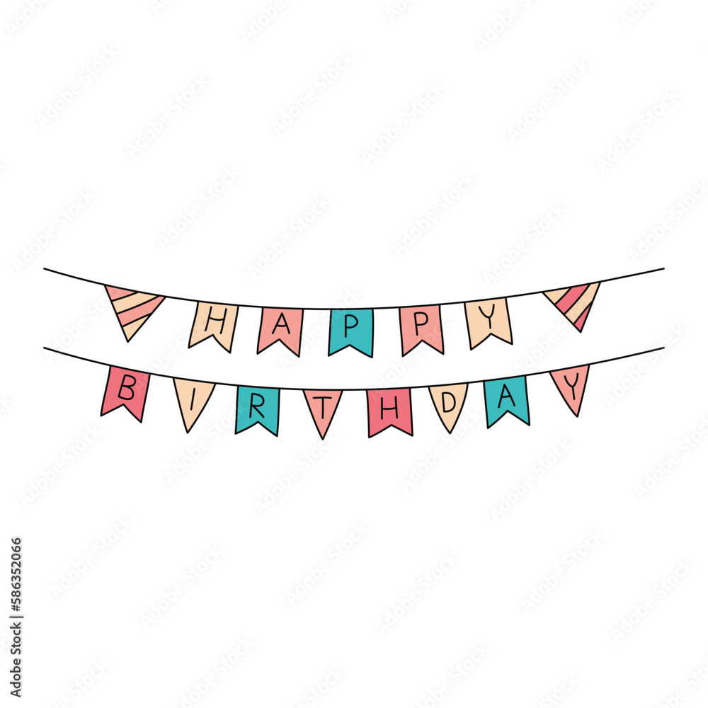 Obraz premium Happy birthday flags. Bday party doodles. Vector hand drawn kid hanging banner. Scribble outline illustration of festive birthday garland