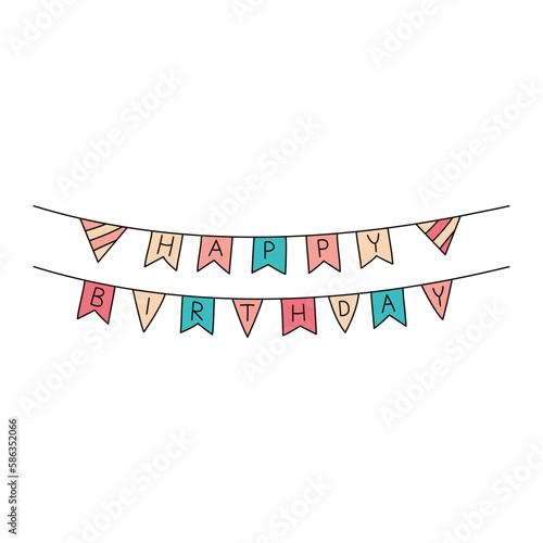 Happy birthday flags. Bday party doodles. Vector hand drawn kid hanging banner. Scribble outline illustration of festive birthday garland