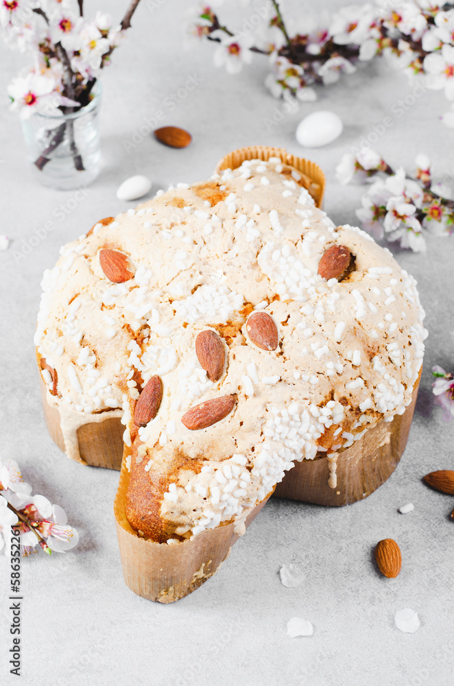 Colomba, Italian Easter Dove Cake on Bright Background