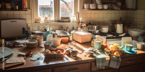 Chaotic Morning: A Messy Kitchen After Cooking Breakfast [Generative AI]