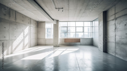 Interior Concrete Industrial Office Space with Sunlight Flowing Through Large Windows  Bright and Empty Modern Loft Style Concrete Workspace - Generative AI