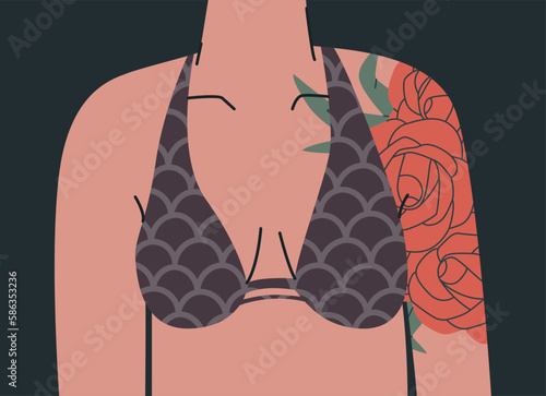 Women's bust in a bra or swim top. Upper female body in underwear. Female body with a rose tattoo on the shoulder. Vector trend illustration for design.