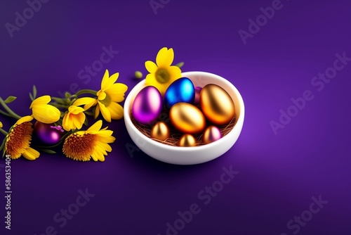 Easter eggs and flowers. Spring holidays concept with copy space.