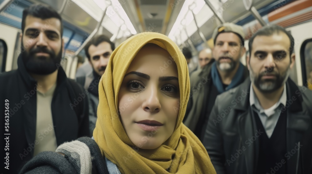 Mature middle eastern woman wearing a hijab looking at the camera posing at the subway. Generative AI