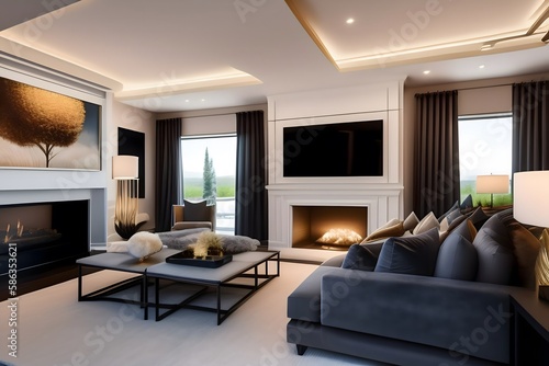  Elegant Living Room with Big TV Screen. Generative AI. 
