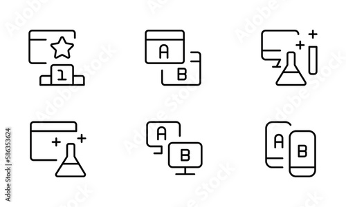 AB testing, Journey path map and Question mark icons. UX line icons. Usability quiz test, Ux Ui and User flow. Project process, ab testing graph, survey test results. Use for UI and mobile app, web