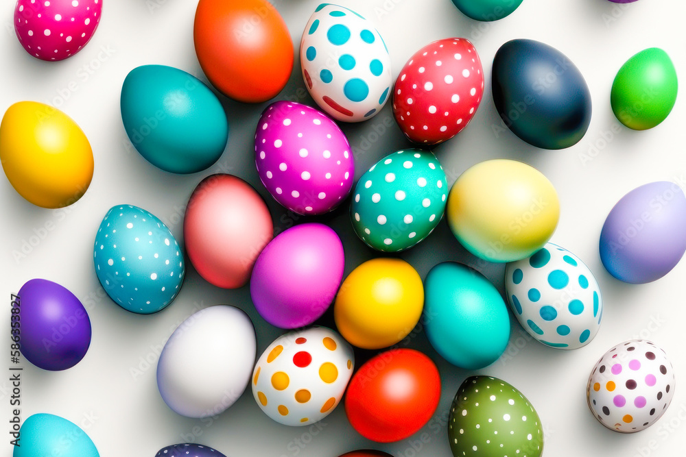 Easter eggs arranged on a plain white background. Generative AI.