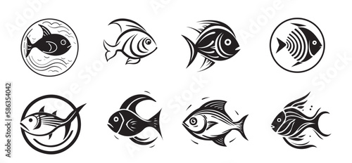 Set of fish icons sketch hand drawn illustration Logo