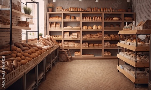 Bakery store with wooden wall  parquet floor  variety of bread  bun  generative AI