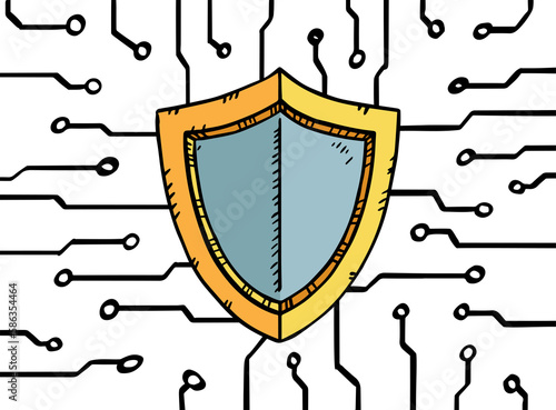 Hand-drawn illustration of cyber security shield.