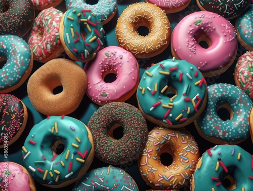Set of different colorful glazed donuts background created with Generative AI technology