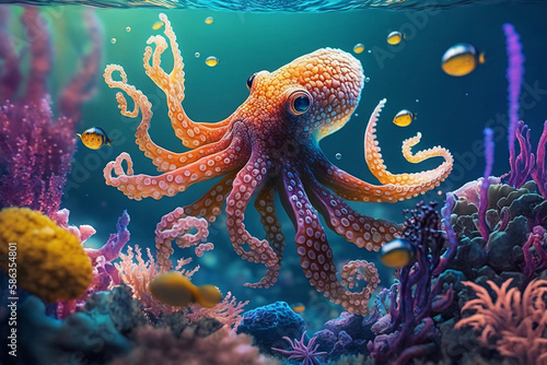 octopus swimming underwater ocean among colored coral reefs.ai generative