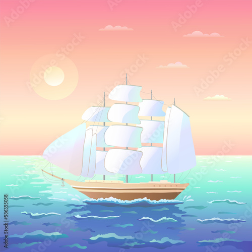 A ship with sails sails on the sea waves with highlights against the background of the setting sun and an orange sunset. A four-masted ship. Seascape. Square background. Vector illustration.