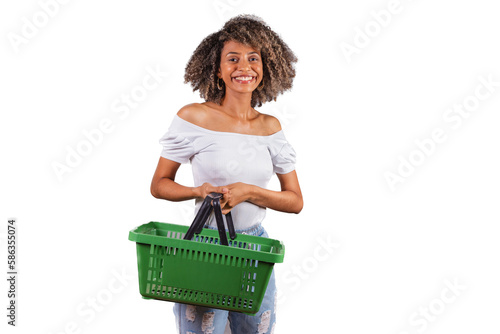 beautiful black Brazilian woman holding market shopping basket, shopping, advertisement, discount, promotion.