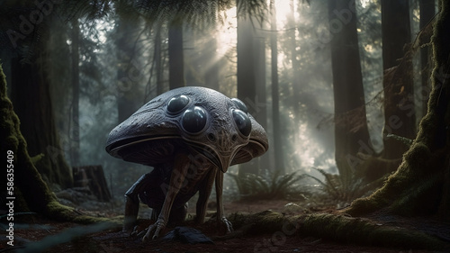 A mesmerizing illustration capturing the extraordinary moment when an unknown alien species makes its first appearance on Earth, standing in a forest at twilight. Created using generative AI. © Jorge