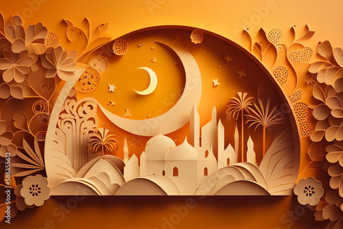 Ramadan Kareem and eid greeting card with mosque and moon in paper cut style generative ai