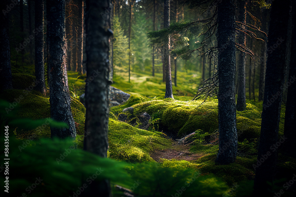 scandinavian forest with many trees, lots of green moss made with Generative AI