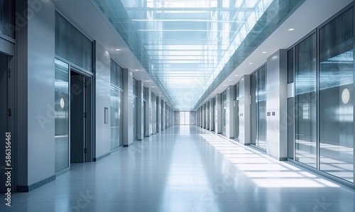 Hall interior in modern building or hospital filled with light, generative AI © Enigma