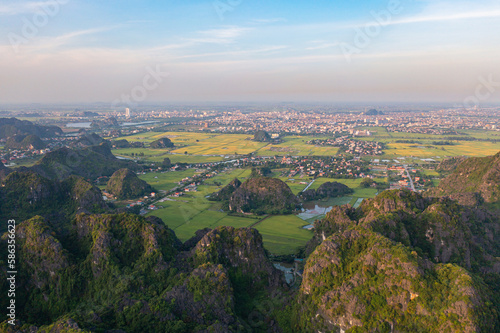Aerial top view of fresh paddy rice, green agricultural fields with mountain hills valley in countryside or rural area of Ninh Binh, in Asia, Vietnam. Nature landscape background.