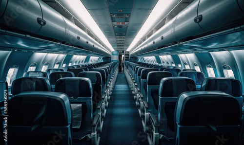 nterior of empty modern aircraft with blue flight seats and hallway in daytime during flight, generative AI
