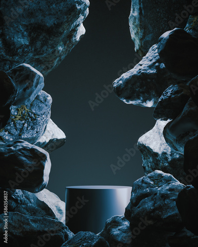 Minimal cylinder pedestal or podium for product showcase backdrop. Stand product mockup. Dark blue color. Rocks and stones background. 3d render illustration