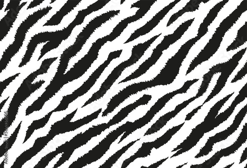 Zebra stripes seamless pattern. Tiger stripes skin print design. Wild animal hide artwork background. Black and white vector illustration