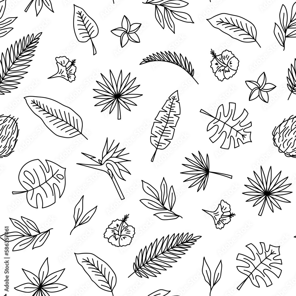 Fototapeta premium Vector hand drawn summer tropical leaves and flowers line pattern. Palm leaves, coconut and plumeria seamless background. Hibiscus and bird of paradise flowers. Strelitzia, monstera and elephant ear