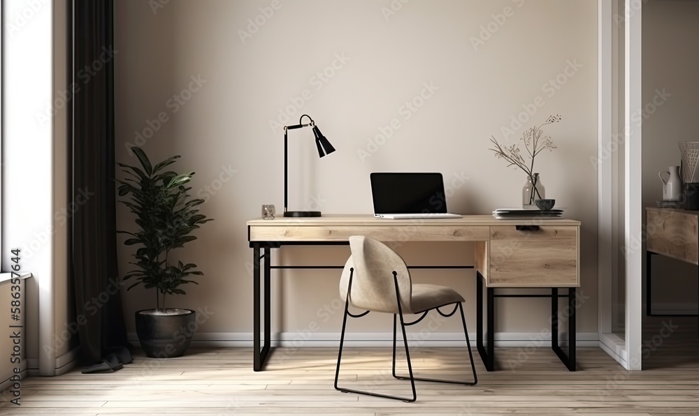 Minimal built in beige working desk with computer, shelf, black steel chair, blank cream wall, generative AI Minimal built in beige working desk with computer, shelf, black steel chair, blank cream wall, generative AI