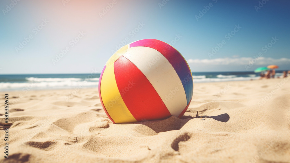 Beach ball on the beach. Hot summer holidays at the sea. Vacations time. 