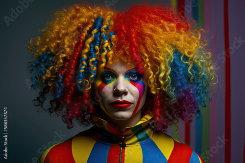 young woman costumed as clown with colorful wig and painted face like from a circus created with Generative AI technology