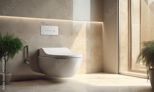 Modern  luxury wall hung toilet bowl  white bathtub on granite tile floor in sunlight on beige wall background  generative AI