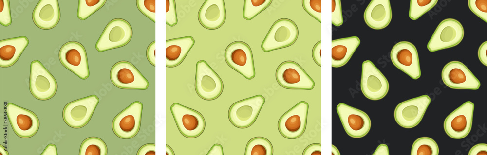 Seamless patterns with avocado fruit slices. Set of vector seamless backgrounds Seamless patterns with avocado fruit slices. Set of vector seamless backgrounds