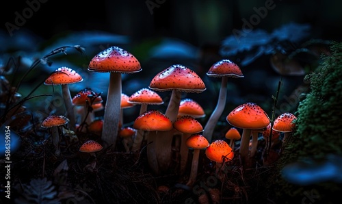 Mystical fluorescent mushrooms growing in the forest close-up, generative AI