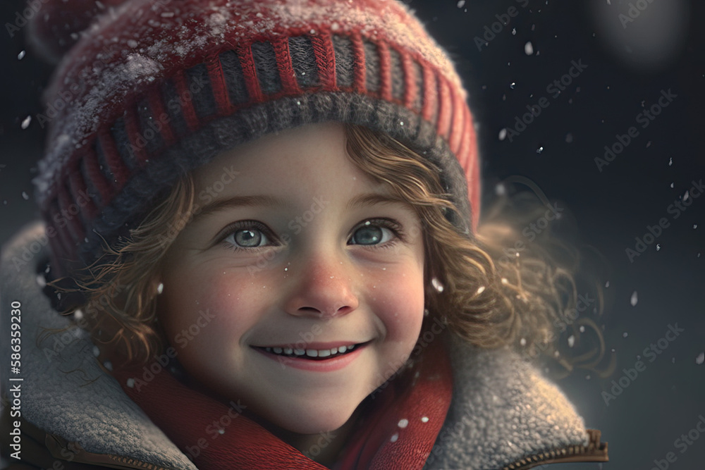little girl in winter clothes looks very happy, red cheeks and red nose