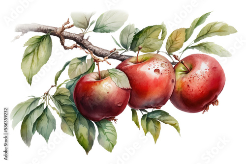 a spring-themed watercolor illustration of juicy green and red apples on a branch with leaves on a transparent PNG background. Generative AI photo