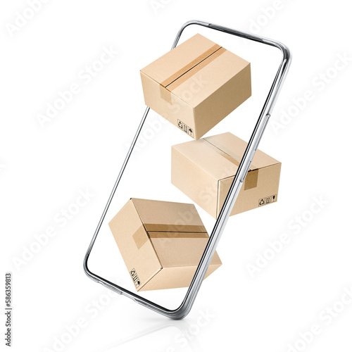 three cardboard boxes fly out of the smartphone screen on a white isolated background, online delivery photo