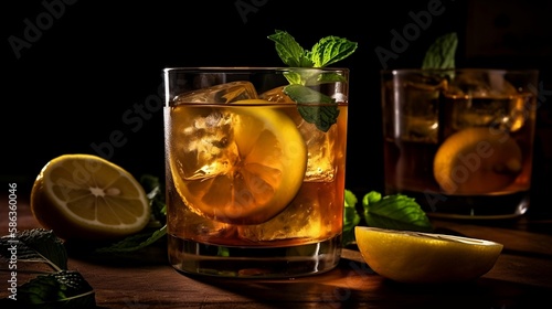 A glass of refreshing iced tea with lemon and mint