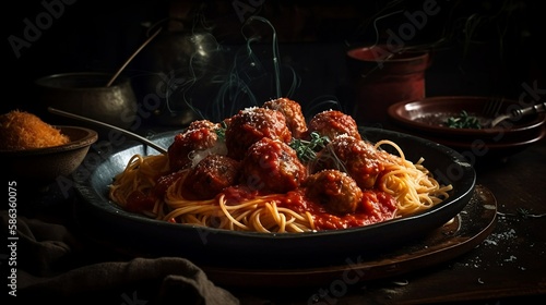 A plate of spaghetti and meatballs, with steam rising from the noodles and sauce