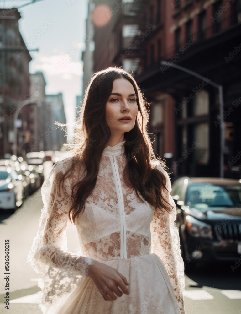 Woman in a stunning white lace gown with a full tulle skirt. Created with Generative AI. Woman in a stunning white lace gown with a full tulle skirt. Created with Generative AI.