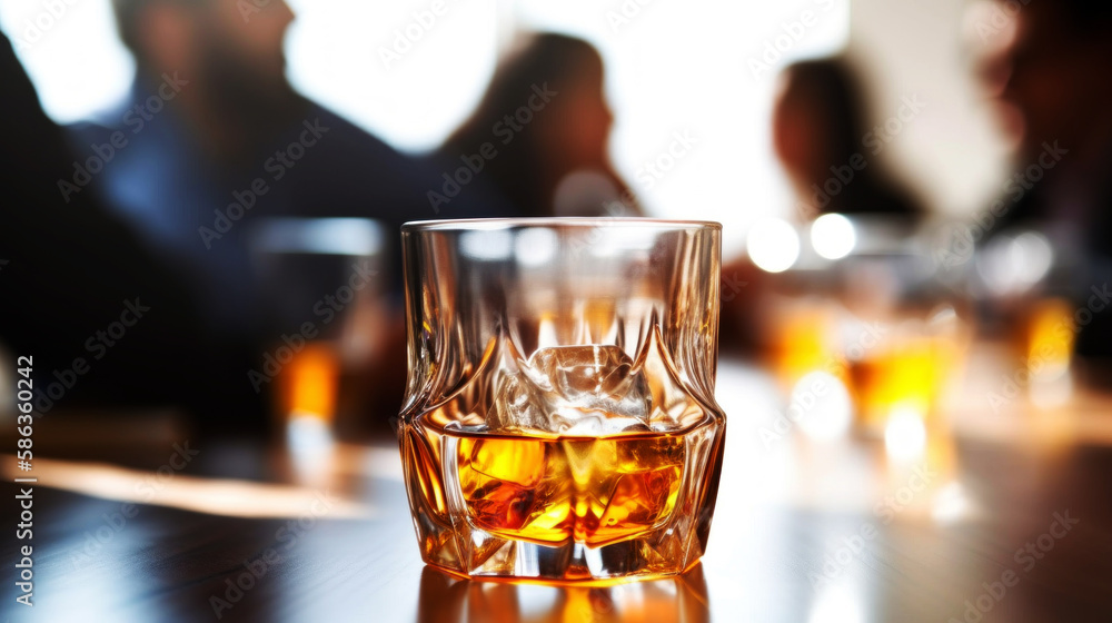 Savoring Success: A Close-up of a Glass of Whiskey, Adding a Touch of Sophistication and Relaxation Amidst an Intense Business Meeting, Held in a Bright and Inviting Meeting Room. Generative AI