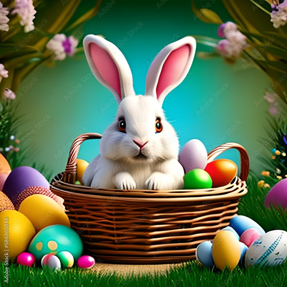 easter bunny, basket with easter eggs, Generative AI, Generativa, AI, Easter, commemorative dates easter bunny, basket with easter eggs, Generative AI, Generativa, AI, Easter, commemorative dates