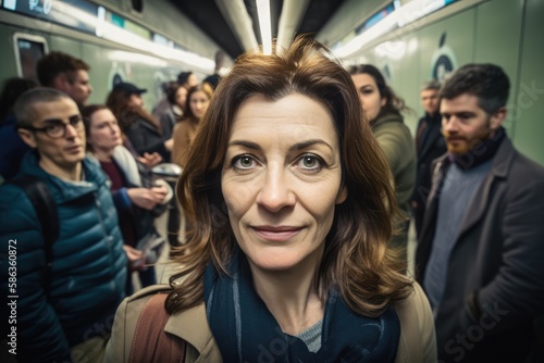 Attractive mature woman looking at the camera posing at the subway. Generative AI © Adriana
