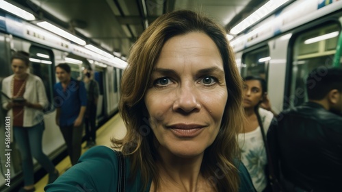 Attractive mature woman looking at the camera posing at the subway. Generative AI