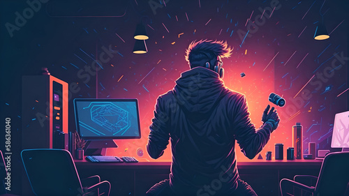 Professional E-Sports gamer rejoices in the victory in bright game room background. Postproducted generative AI digital illustration. (Generative AI)