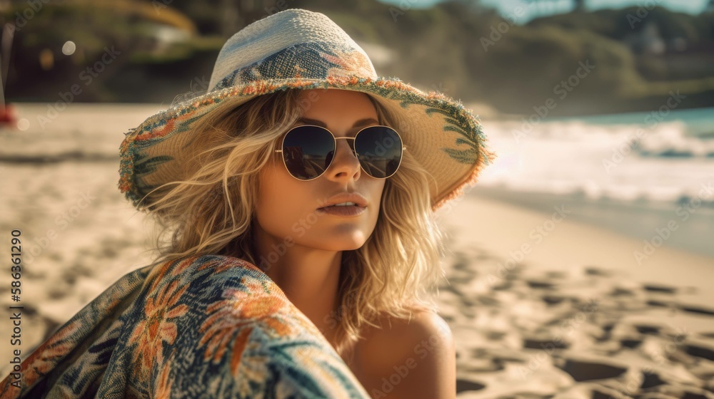 Portrait of a fictional blond woman model with a colorful hat and sunglasses at the beach. Generative AI illustration. Portrait of a fictional blond woman model with a colorful hat and sunglasses at the beach. Generative AI illustration.