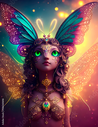 fictional character butterfly queen, fantasy hero butterfly girl in expensive attire, jewelry with butterfly wings on her head, generative ai