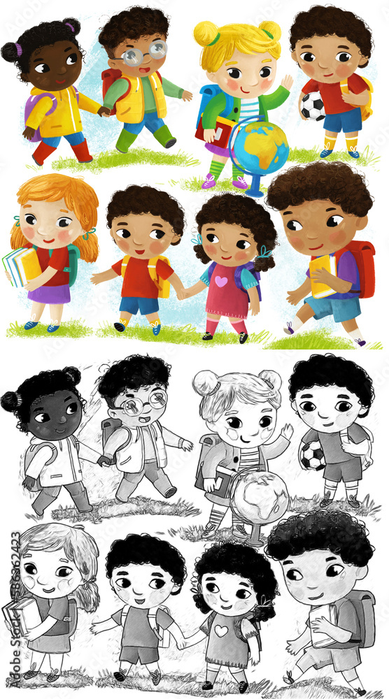 cartoon scene with school kids pupils together having fun learning on white background illustration for children cartoon scene with school kids pupils together having fun learning on white background illustration for children