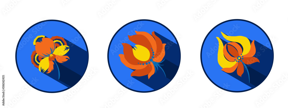 Set of flower logos with shadows. Traditional Ukrainian painting of Petrykivka. Elements of blue and yellow floral ornament. Decorative vector illustration. Set of flower logos with shadows. Traditional Ukrainian painting of Petrykivka. Elements of blue and yellow floral ornament. Decorative vector illustration.
